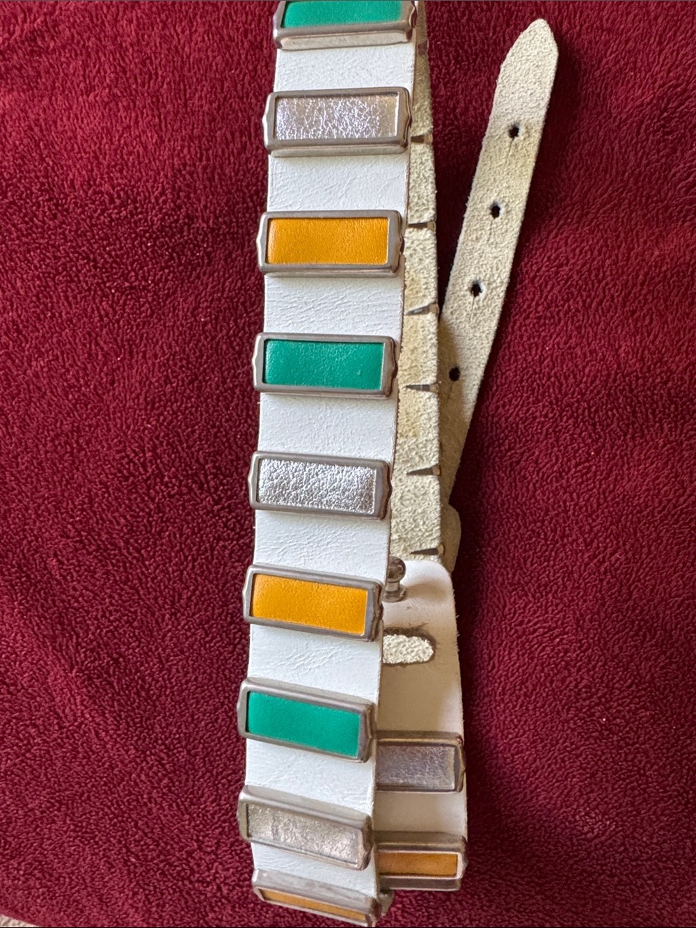 White Leather Belt with Green, Yellow and Metallic Accents